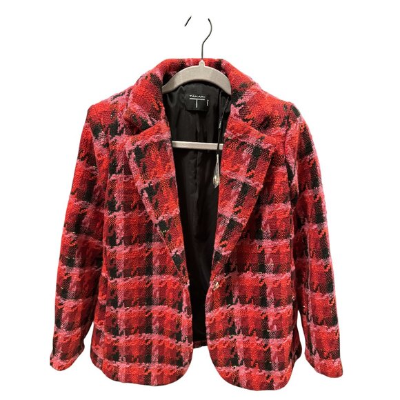 NWT Plaid Blazer Red Pink Black Jacket Coatigan Tahari T 10p Warm - Picture 1 of 5